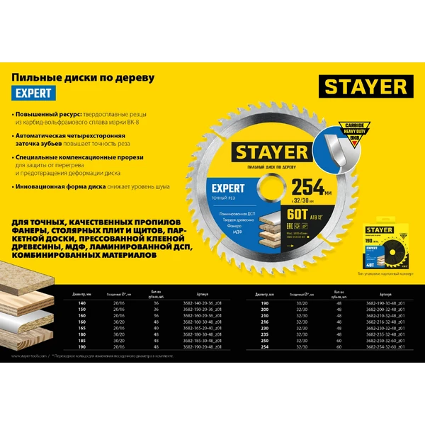 STAYER Expert, 210 x 32/30 мм, 48Т, точный рез, пильный диск по дереву (3682-210-32-48) - фото 5