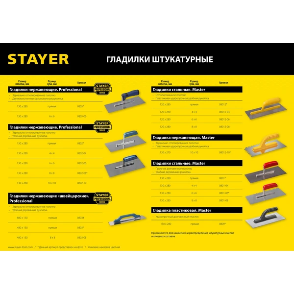 STAYER 130 х 280 мм, зуб 6 х 6 мм, штукатурная гладилка, Professional (0802-06)