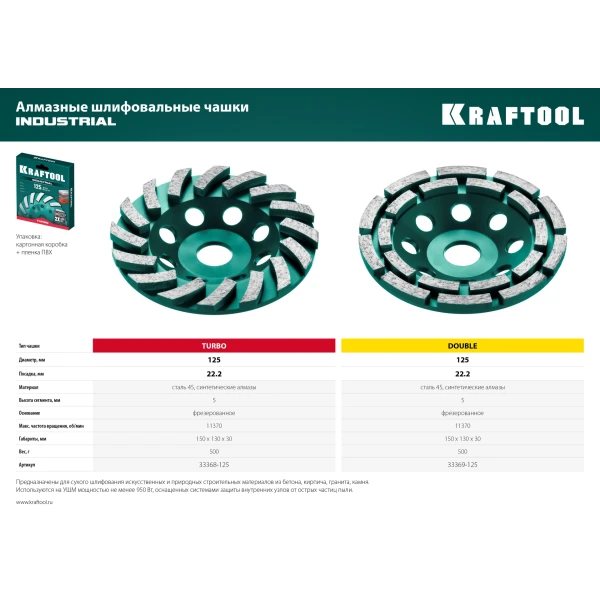 KRAFTOOL Turbo, d 125 мм, сегментная алмазная шлифовальная чашка, INDUSTRIAL (33368-125) - фото 13