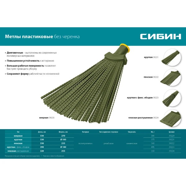 СИБИН 380 х 260 мм, полипропилен, коническое резьбовое соединение, плоская, гибкая, пластиковая метла (39222) - фото 4
