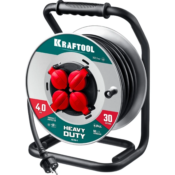 KRAFTOOL КГ 3х2.5 30м 4000Вт IP44, HEAVY DUTYСиловой удлинитель на стальной катушке (55086-30)