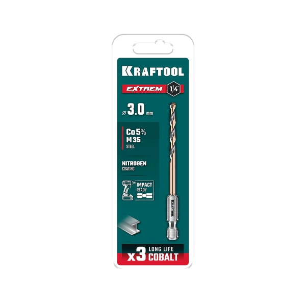 KRAFTOOL НЕХ-1/4″, d 3,0 х 72 мм, сверло по металлу для винтовёртов и шуруповертов IMPACT READY (29652-3) - фото 2