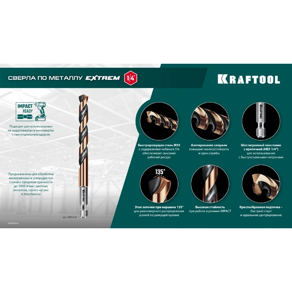 KRAFTOOL НЕХ-1/4″, 10 шт, набор сверл по металлу для винтовёртов и шуруповертов IMPACT READY (29652-H10) - фото 10