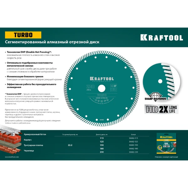 KRAFTOOL Turbo, 230 мм, (22.2 мм, 10 х 2.8 мм), сегментированный алмазный диск (36682-230) - фото 6