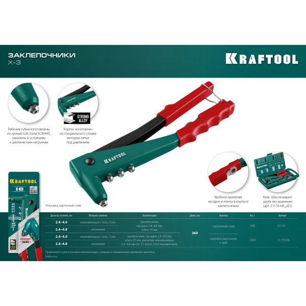 KRAFTOOL X-3, 2.4 - 4.8 мм, литой заклепочник в кейсе (31170-H6)