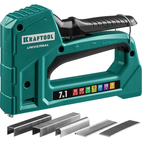 KRAFTOOL Universal, 7-в-1: 53 (A/10/JT21) 23GA (6 - 14 мм)/140 (G/11/57) 20GA (8 - 14 мм)/13/53F/36/500, универсальный легкий степлер (31524)