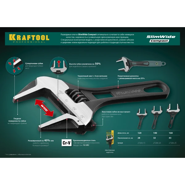 KRAFTOOL SlimWide Compact, 120/28 мм, разводной ключ (27266-15) - фото 4
